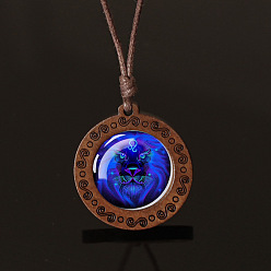 Лео Плоский круглый с двенадцатью созвездиями подвеска из синего стекла и дерева ожерелье из вощеной кожи шнур для женщин и мужчин, Лев, 16.93~33.86 дюйм (43~86 см)