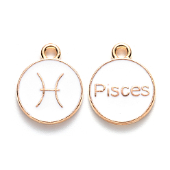 Pisces Alloy Enamel Pendants, Flat Round with Constellation, Light Gold, White, Pisces, 15x12x2mm, Hole: 1.5mm, 100pcs/Box