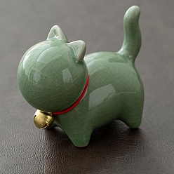 Dark Sea Green Ceramic Cat Figurines with Bell, for Home Office Desktop Decoration, Dark Sea Green, 70x33x56mm