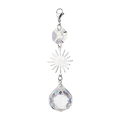 Солнце Украшение из латунного кулона, стеклянная подвеска-капля/восьмиугольник и застежка-когти омара, платина, солнце, 88 мм