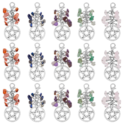 Смешанные камни Подвеска из натурального драгоценного камня, плоский круглый сплав с подвеской в виде звезды, 60 мм, 5 цвет, 1 шт / цвет, 5 шт / комплект