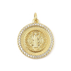 Настоящее золото 18K Латунные микро проложить кубического циркония подвески, плоские круглые с святым Бенедиктом, стойки покрытие, долговечный, без свинца и без кадмия, с целью перехода в кольце, реальный 18 k позолоченный, 20.5x18x2.5 мм, отверстие : 3.5 мм