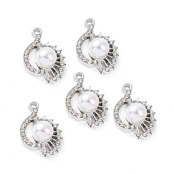 Platinum Alloy Rhinestone Pendants, with ABS Plastic Imitation Pearl Beads, Flower Charm, Platinum, 25x15.5x9mm, Hole: 2mm