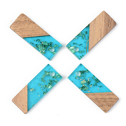 Dark Turquoise Transparent Resin & Walnut Wood Pendants, with Gold Foil, Rectangle, Dark Turquoise, 23x8.5x3mm, Hole: 2mm