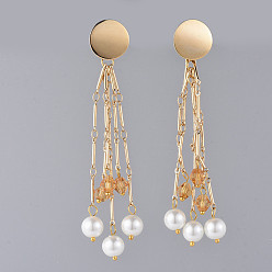 Goldenrod Long Tassel Earrings, Brass Dangle Stud Earrings, with Rhombus Glass, Glass Pearl Beads and Earring Backs/Ear Nuts, Golden, Goldenrod, 92mm, Pin: 0.7mm