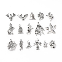 Antique Silver Tibetan Style Alloy Pendants, Halloween Theme Mixed Shapes Charms, Antique Silver, 16~32x9~23x1.5~4mm, Hole: 1.2~2mm, 15pcs/set