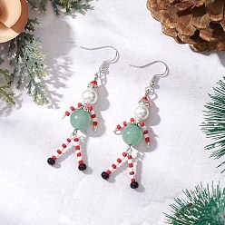 Серебро Серьги-подвески из натурального зеленого авантюрина из латуни, с имитацией австрийских хрустальных бусин, ракушечного жемчуга и стеклянных бусин, серебряные, 70x20 мм