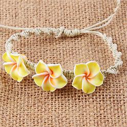 Шампанско-Желтый Плюмерия цветок полимерная глина бусины плетеные браслеты из бусин для женщин, с регулируемым восковым шнуром, шампанское желтый, внутренний диаметр: 2-3/8 дюйм (6 см)