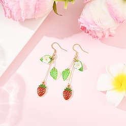 Золотой Серьги-подвески в виде листьев из акрилового сплава и эмали клубники, золотые, 62x10 мм