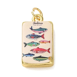 Colorful Printed Brass Pendants, Rectangle with Fish Charms, Golden, Colorful, 19.5x11x4mm, Hole: 3.5mm