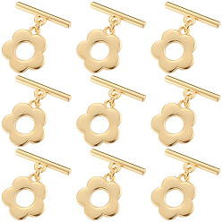 Настоящее золото 18K 10 комплекты латунных застежек-тоглов, цветок, реальный 18 k позолоченный, 20 мм длиной, бар: 15x4.5x2 mm, отверстие : 1.5 мм, Перейти кольцо: 5.5x1 мм, внутренний диаметр: 3.5 мм, Цветок: 13.5x12x1 мм, отверстие : 1.2 мм