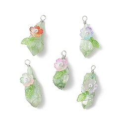 Бледно-Зеленый Подвески из медной проволоки в форме капли, покрытые гальваническим слоем из необработанного натурального кварца, смолой цветок, платина, бледно-зеленый, 27.5~37.5x10.5~16x10~15 мм, отверстие : 1.8~2.5 мм