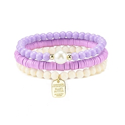 Сливовый 3 браслеты ручной работы из полимерной глины Heishi Surfer Stretch со стеклянным жемчугом, опрятные браслеты с подвесками из сплава для женщин, слива, внутренний диаметр: 2-1/8 дюйм (5.5 см)