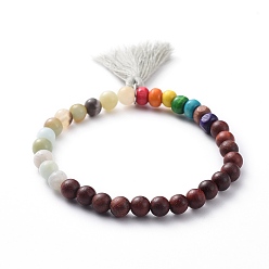 Amazonite Chakra Jewelry, Stretch Charm Bracelets, with Wood Beads, Natural Amazonite Beads and Cotton Tassel, 2-1/8 inch(5.5cm)