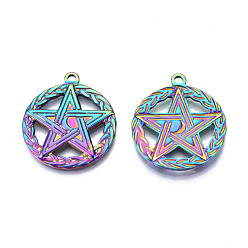 Rainbow Color Ионное покрытие (ip) 201 подвески из нержавеющей стали, плоские круглые со звездой, Радуга цветов, 28.5x25x2 мм, отверстие : 2 мм