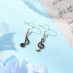 Золотой Болтаться серьги сплава эмали, с 304 нержавеющей стали серьги крючки, очарование музыкальной ноты, слева и справа, золотые, 38.5x9.5 мм