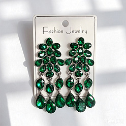 Emerald Alloy Rhinestone Flower Teardrop Stud Dangle Earrings for Women, Golden, Emerald, 65mm