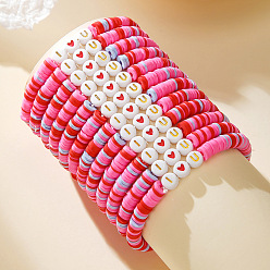 Темно-Розовый 12 Набор эластичных браслетов из полимерной глины и акриловых бусин ко Дню святого Валентина для женщин, Плоская круглая форма со словами «Я люблю тебя» и сердечком., темно-розовыми, 6.69 дюйм (17 см)