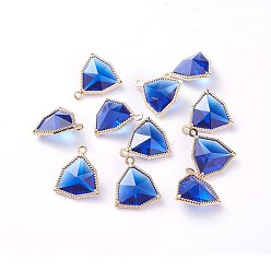 Синий Стеклянные подвески, с фурнитурой Berzel с открытой спиной из экологически чистого сплава, граненые, треугольные, золотой свет, синие, 17x14.5x7 мм, отверстие : 1.2 мм