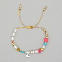 Letter Z Initial Letter Natural Pearl Braided Bead Bracelet, Adjustable Bracelet, Letter Z, 11 inch(28cm)