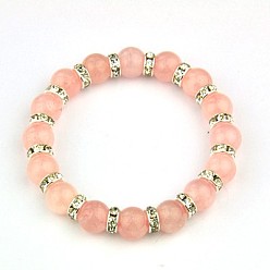 Rosenquarz Mode-Edelstein-Stretch-Armbänder, Stretch-Armbänder, Messing mit Strass-Perlen, rosa, 53 mm