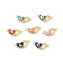 Mixed Color Brass Enamel Connector Charms, Real 18K Gold Plated, Double Heart with Evil Eye Pattern, Mixed Color, 6x14x3mm, Hole: 1.2mm