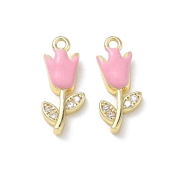 Pink Подвески из латуни с микропаве, прозрачными кубическими циркониями и эмалью., прелести цветка тюльпана, стойки покрытие, долговечный, без кадмия и без свинца, реальный 18 k позолоченный, розовые, 13.5x6x2.8 мм, отверстие : 1 мм