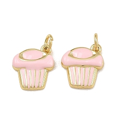 Pink Латунь эмаль подвески, кекс прелести, стойки покрытие, долговечный, без свинца и без кадмия, реальный 18 k позолоченный, розовые, 13x12x3 мм, отверстие : 3 мм