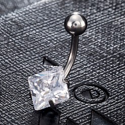Прозрачный Пирсинг украшения, латунное кольцо пупка с фианитом, кольца живота, с 304 стержнем из нержавеющей стали, без свинца и без кадмия, ромб, платина, прозрачные, 20x11 мм, бар: 15 калибр (1.5 мм), длина стержня: 3/8"(10мм)