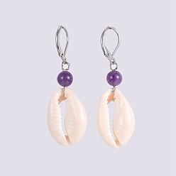 Amethyst Kauri-Muschel Ohrringe, mit natürlichen Amethyst- und 304 Edelstahlohrringen, 44~48 mm, Stift: 0.8 mm