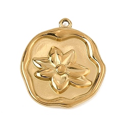 Golden 304 Stainless Steel Pendants, Flat Round with Flower Charms, Golden, 19.5x17x2mm, Hole: 1.2mm