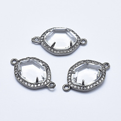 Clear Brass Micro Pave Cubic Zirconia Links, with Glass, Faceted, Oval, Gunmetal, Clear, 26x16x5mm, Hole: 1.6mm