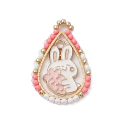 Ярко-Розовый Пасхальная тематика стеклянные бусины каплевидной формы с подвесками в виде кроликов, Подвески из эмали и сплава, с золотыми 201 соединительными кольцами из нержавеющей стали, ярко-розовый, 31x21x2 мм, отверстие : 1.8 мм