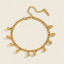 Настоящее золото 18K Минималистичные 304 браслеты из нержавеющей стали с круглыми бусинами и подвесками, браслеты из кубинской цепочки для женщин, долговечный, реальный 18 k позолоченный, 6.69 дюйм (17 см)