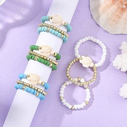 Mixed Color 3Pcs Synthetic Turquoise & Hematite & Glass Seed Beaded Finger Rings, Stretch Rings, Tortoise, Mixed Color, 2.5~3mm,Inner Diameter: 19.5~22mm