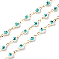 White PVD Vacuum Plating 304 Stainless Steel Link Chains, with Enamel and Spool, Soldered, Heart with Evil Eye, White, 10x5.5x3mm
