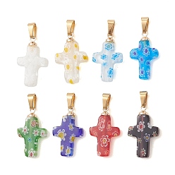 (52) Непрозрачная лаванда Подвески лэмпворк ручной работы, Стекло миллефиори с латунными подвесками, крест прелести, золотые, разноцветные, 21.5~22.5x13.5~14x3.5~4 мм, отверстие : 6.5x3.5 мм