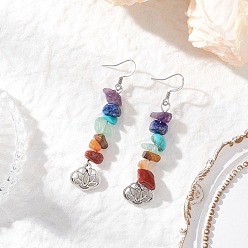 Античный Серебристый & Цвет Нержавеющей Стали Серьги-подвески с натуральным красным авантюрином, красной яшмой, аметистом, лазуритом, зеленым авантюрином, тигровым глазом и синтетической бирюзой., с 304 крючками для сережек из нержавеющей стали и подвесками из сплава лотоса, старинное серебро и цвет нержавеющей стали, 62~63x13.5 мм