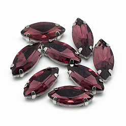 Темно-Красный Шить на горный хрусталь, многожильных ссылки, стекло горный хрусталь, с латунными зубцами в платиновых тонах, аксессуары для одежды, граненые, лошадиный глаз , темно-красный, 18x9x5 мм, отверстие : 0.8~1 мм