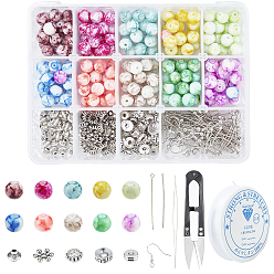 Mixed Color DIY Earring & Bracelets Making Kits, Including Spray Painted Glass Beads, Brass Earring Hooks, Brass & Alloy Spacer Beads, Elastic Crystal Thread, Steel Scissors and Iron Beading Needles, Mixed Color, Glass Beads: 8mm, Hole: 1.3mm, 200pcs/set