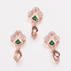 Розовый Позолоченный Долговечные латунные микропромывные кубические циркониевые льды, цветок, зелёные, Настоящее розовое золото покрыто, 18 мм, отверстие : 2x6 мм, штифты : 0.6 мм, внутренний: 3x5.5 mm