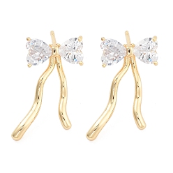 Золотой Женские серьги-гвоздики из латуни с бантом и прозрачным фианитом, золотые, 21.5x11x3.5 мм