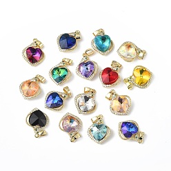 Mixed Color Real 18K Gold Plated Rack Plating Brass Micro Pave Clear Cubic Zirconia Pendants, with Glass, Long-Lasting Plated, Cadmium Free & Lead Free, Heart Charm, Mixed Color, 21.5x17x8mm, Hole: 5x3.2mm