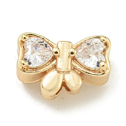 Настоящее золото 14K Покрытие стойки латунь микро паве бусина циркония, долговечный, без свинца и без кадмия, бантом, реальный 14 k позолоченный, 8.5x12.5x7 мм, отверстие : 1.8 мм