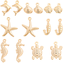 Echt 24 k vergoldet 56Stk 7 Stile Messinganhänger, Meerestiere Charms, echt 24 k vergoldet, 9.5~21x6.5~15.5x2.5~3.5 mm, Bohrung: 1~1.2 mm, 8 Stück / Stil
