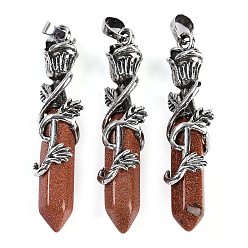 Камень с Пылевым Золотом Синтетический авантюрин ограненный двойной конечный заостренный большой кулон, Подвески в виде шестиугольной призмы с розой в оболочке из сплава, античное серебро, 51~53x14x10.5 мм, отверстие : 4.5 мм