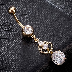 Transparent Messing Zirkonia Nabel Ring, Bauchringe, mit 304 Edelstahlleiste, cadmiumfrei und bleifrei, echt 18 k vergoldet, Blume mit flachen, runden, Transparent, 49x9 mm, Stange: 15 Spurweite(1.5mm), Stangenlänge: 3/8"(10mm)