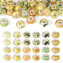 Желтый 30шт. напечатанных прозрачных европейских бусин из смолы, бусины с большим отверстием, рондель с латунными сердечниками, покрытыми серебром, и блестящей пудрой, желтые, 14x8.5 мм, отверстие : 5 мм