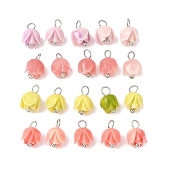 Платина 4шт. цветочные подвески, с синтетическими бусинами из ракушек и латунной петлей, платина, 11x7x7 мм, отверстие : 2.5 мм