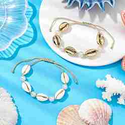 Mixed Color 2Pcs Natural Shell & Acrylic Pearl Braided Bead Bracelets for Women, Mixed Color, Inner Diameter: 1-3/4~3-1/2 inch(4.3~9.05cm)